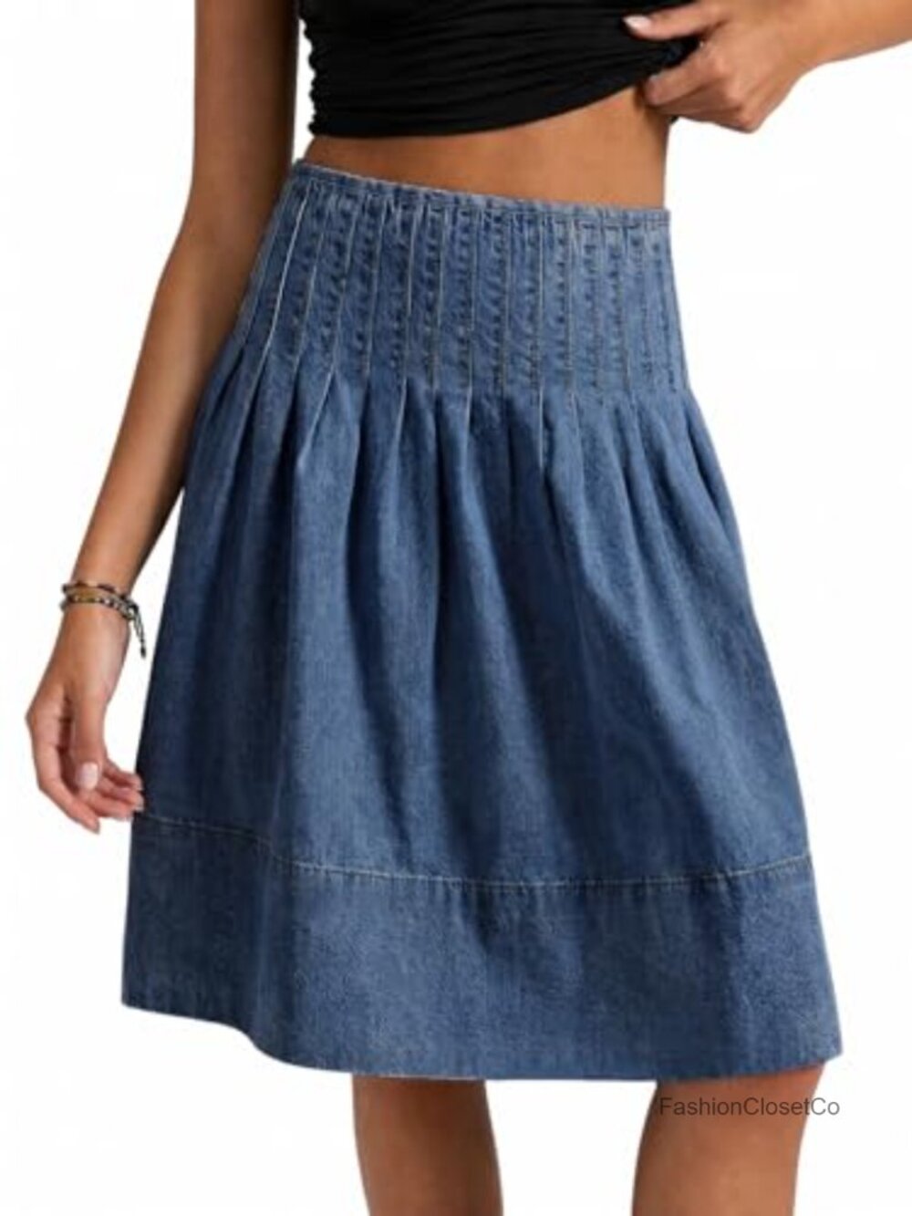 High Waisted Pleated Denim Midi Skirt A-Line Casual Jean Skirt